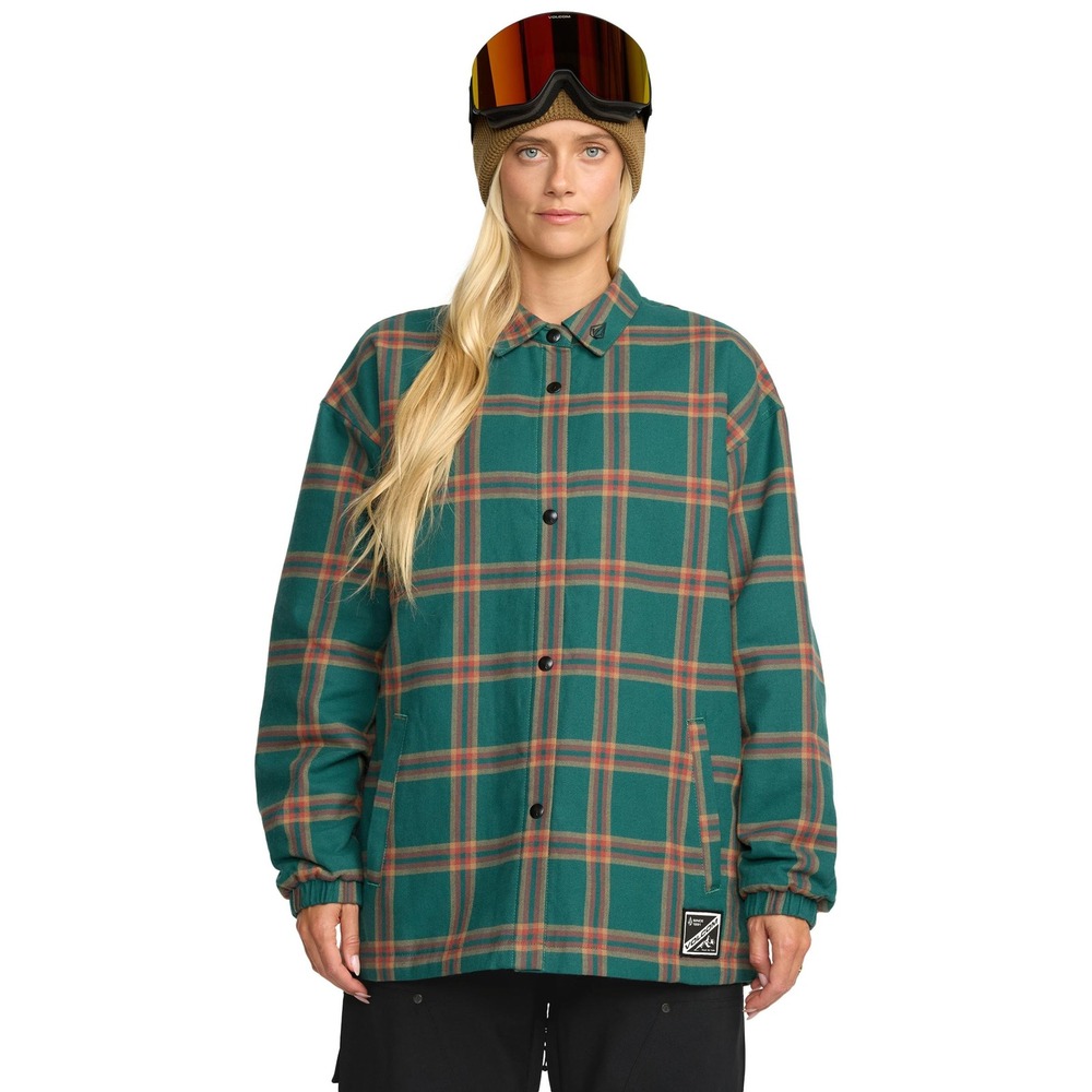 Volcom Women Teal Orange Plaid Quilted Lined Flannel Shirt Jacket Size XL